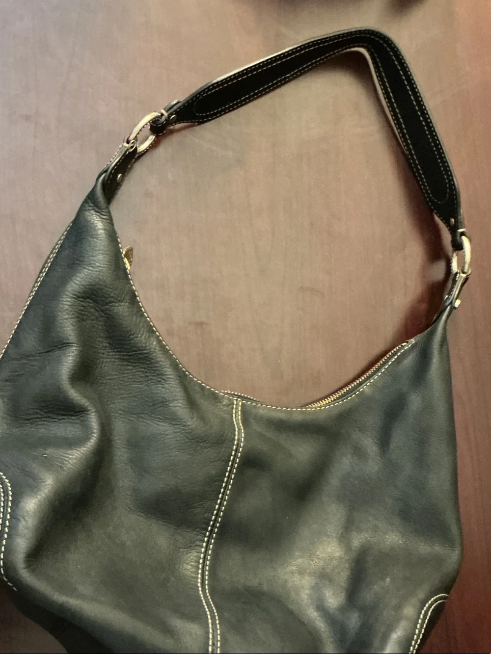 Liz Claiborne Black Leather Hobo with Cream Stitching and Gold Hardware